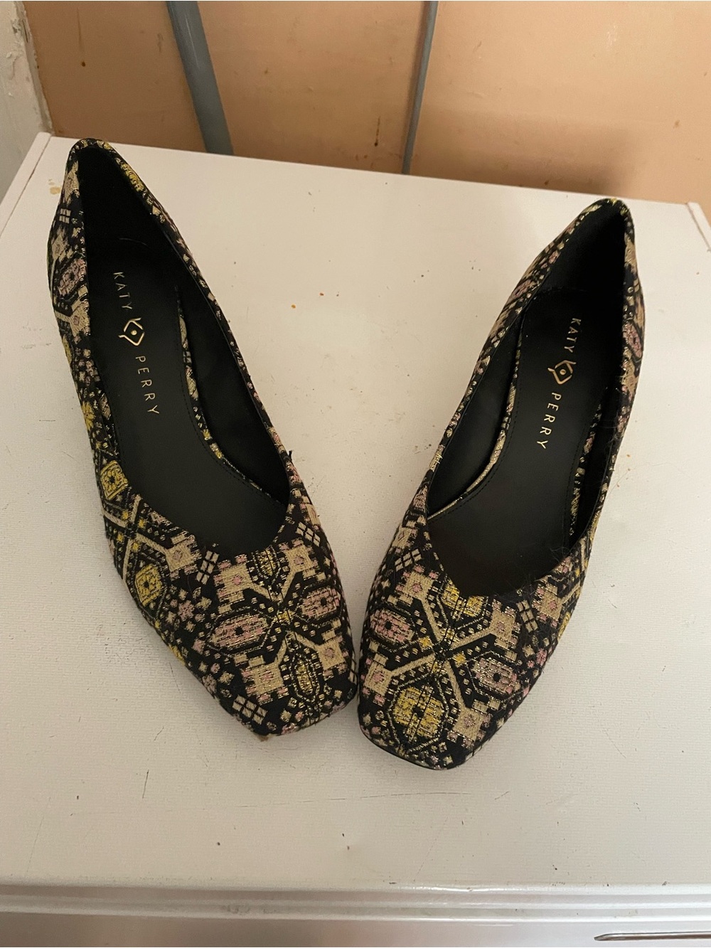 Katy Perry Collections Black Jacquard Flats with Pink & Yellow Pattern